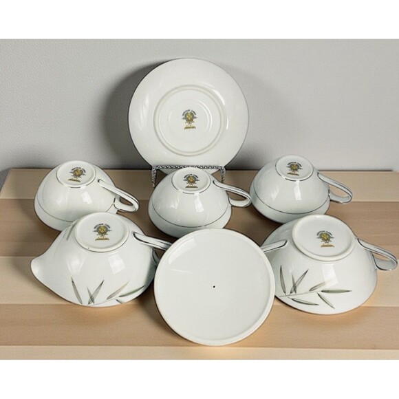 Noritake Bambina Bamboo Silver Edged 3 Cups, 1 Saucer, Sugar & Creamer 7 Pieces - Picture 3 of 3